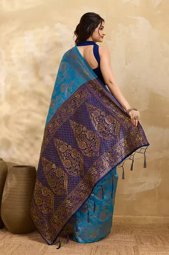 Blue Jacquard Silk Saree With Rich Zari Work Border With Unstitched Blouse Piece