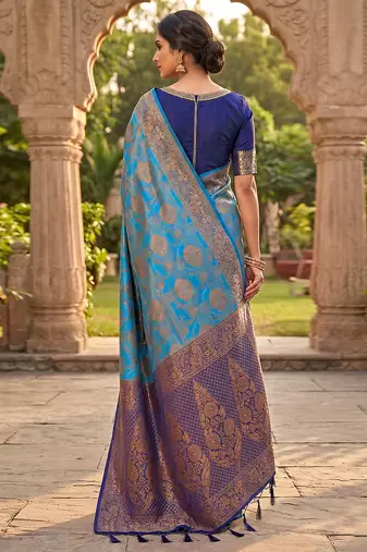 Blue Jacquard Silk Saree With Rich Zari Work Border With Unstitched Blouse Piece