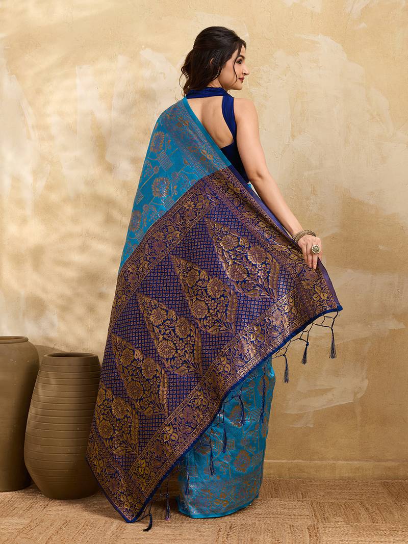 Blue Jacquard Silk Saree With Rich Zari Work Border With Unstitched Blouse Piece