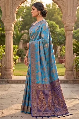 Blue Jacquard Silk Saree With Rich Zari Work Border With Unstitched Blouse Piece