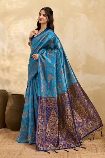 Blue Jacquard Silk Saree With Rich Zari Work Border With Unstitched Blouse Piece