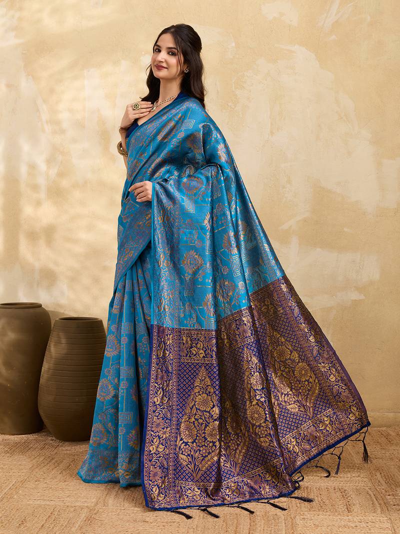 Blue Jacquard Silk Saree With Rich Zari Work Border With Unstitched Blouse Piece