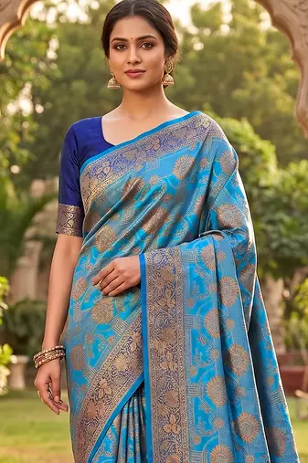 Blue Jacquard Silk Saree With Rich Zari Work Border With Unstitched Blouse Piece
