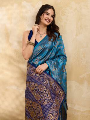 Blue Jacquard Silk Saree With Rich Zari Work Border With Unstitched Blouse Piece 4