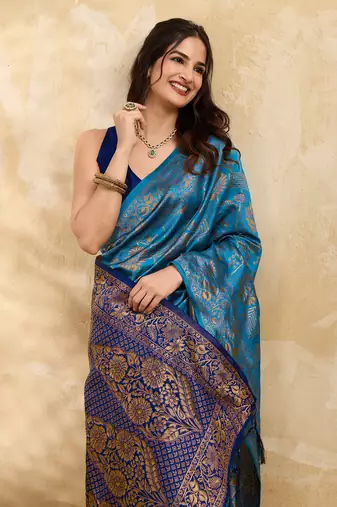 Blue Jacquard Silk Saree With Rich Zari Work Border With Unstitched Blouse Piece
