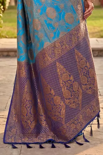 Blue Jacquard Silk Saree With Rich Zari Work Border With Unstitched Blouse Piece
