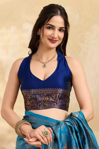 Blue Jacquard Silk Saree With Rich Zari Work Border With Unstitched Blouse Piece