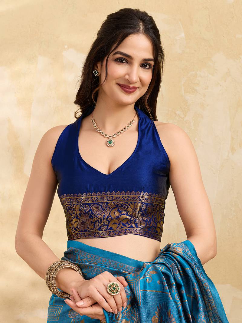 Blue Jacquard Silk Saree With Rich Zari Work Border With Unstitched Blouse Piece