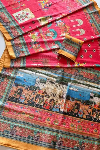Rani Pink Color Digital printing Wok Silk Saree