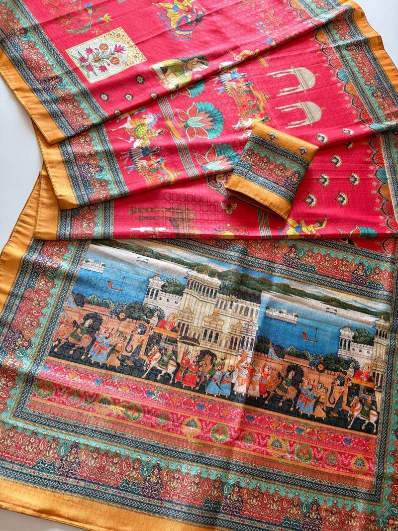 Rani Pink Color Digital printing Wok Silk Saree