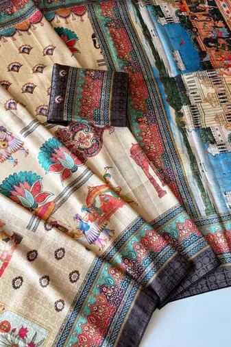 Light Cream  Color Digital printing Wok Silk Saree