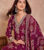 Women purple floral printed kurta with trousers and dupatta