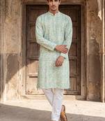 Mens green cotton blend chevron embroidered kurta with trouser