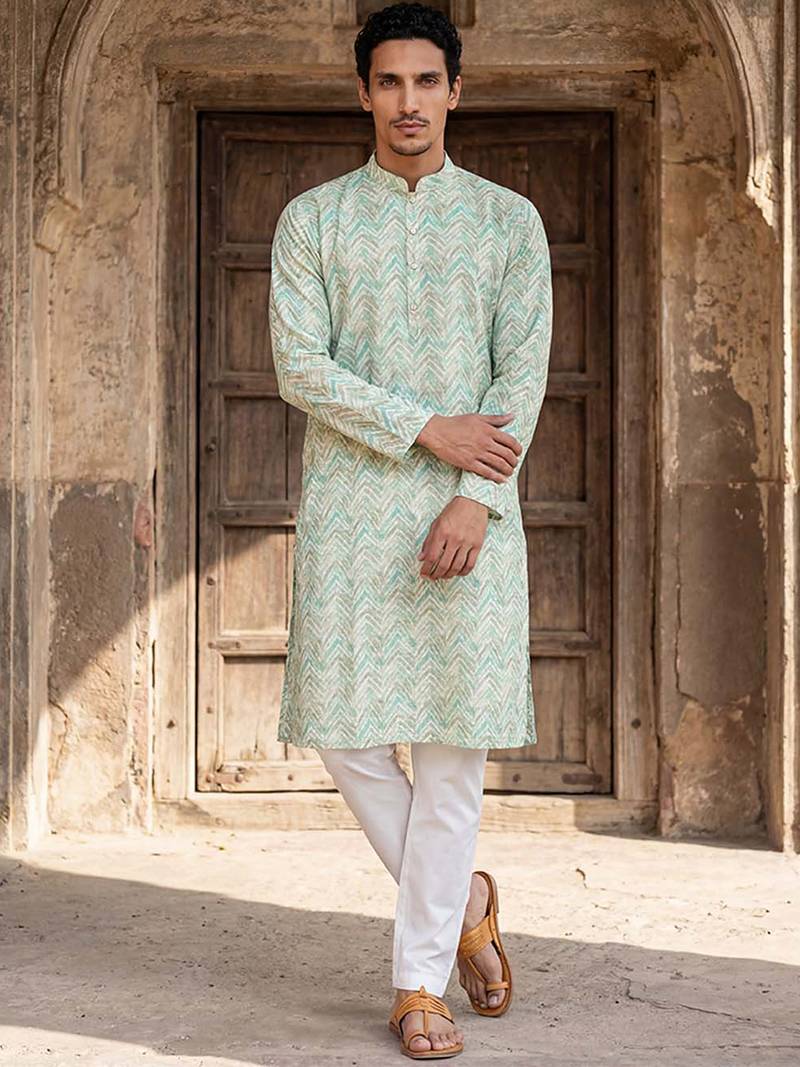 Mens green cotton blend chevron embroidered kurta with trouser