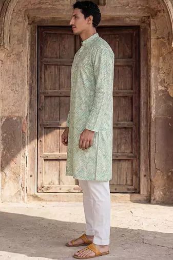 Mens green cotton blend chevron embroidered kurta with trouser