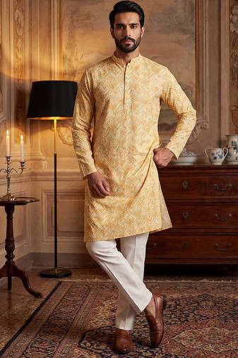Mens yellow cotton blend chevron embroidered kurta with trouser