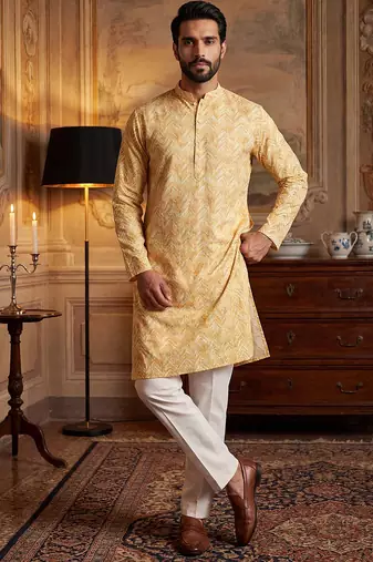 Mens yellow cotton blend chevron embroidered kurta with trouser