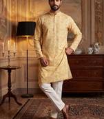 Mens yellow cotton blend chevron embroidered kurta with trouser