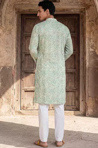 Mens green cotton blend chevron embroidered kurta with trouser