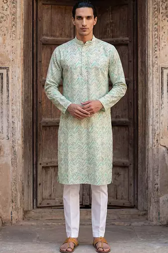 Mens green cotton blend chevron embroidered kurta with trouser
