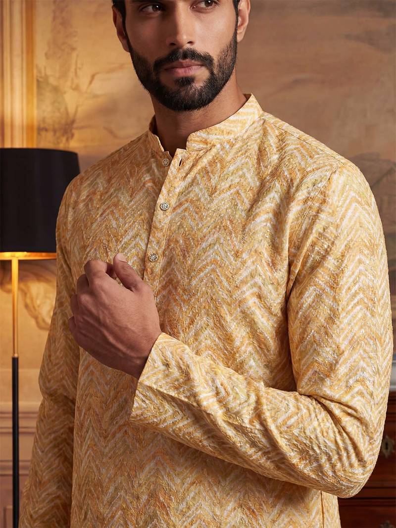 Mens yellow cotton blend chevron embroidered kurta with trouser
