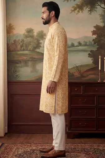 Mens yellow cotton blend chevron embroidered kurta with trouser