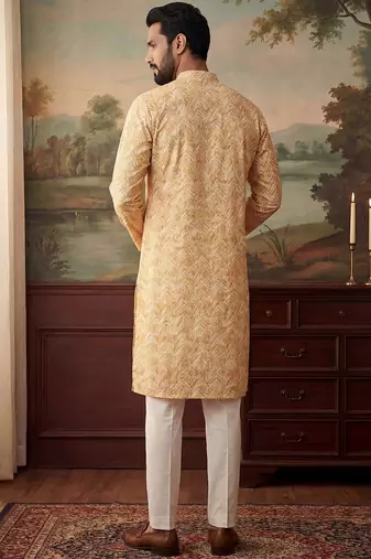 Mens yellow cotton blend chevron embroidered kurta with trouser