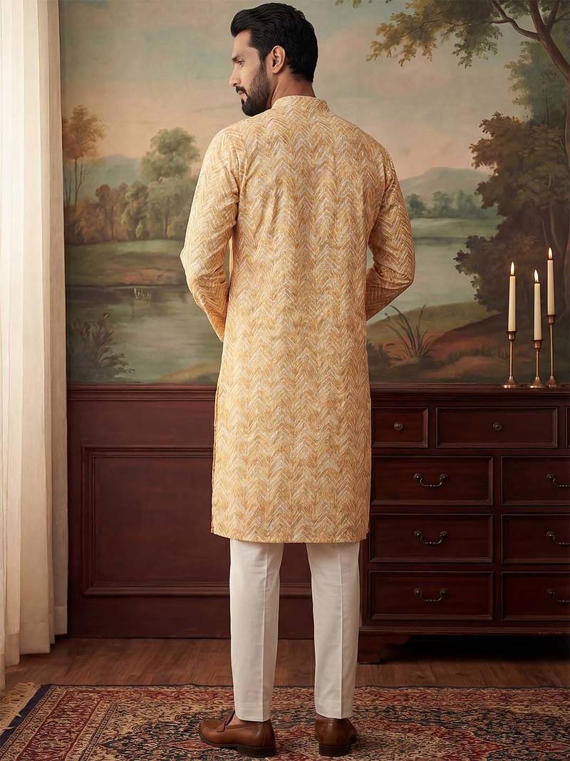 Mens yellow cotton blend chevron embroidered kurta with trouser