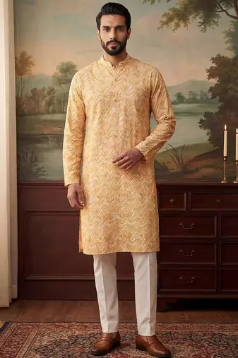 Mens yellow cotton blend chevron embroidered kurta with trouser