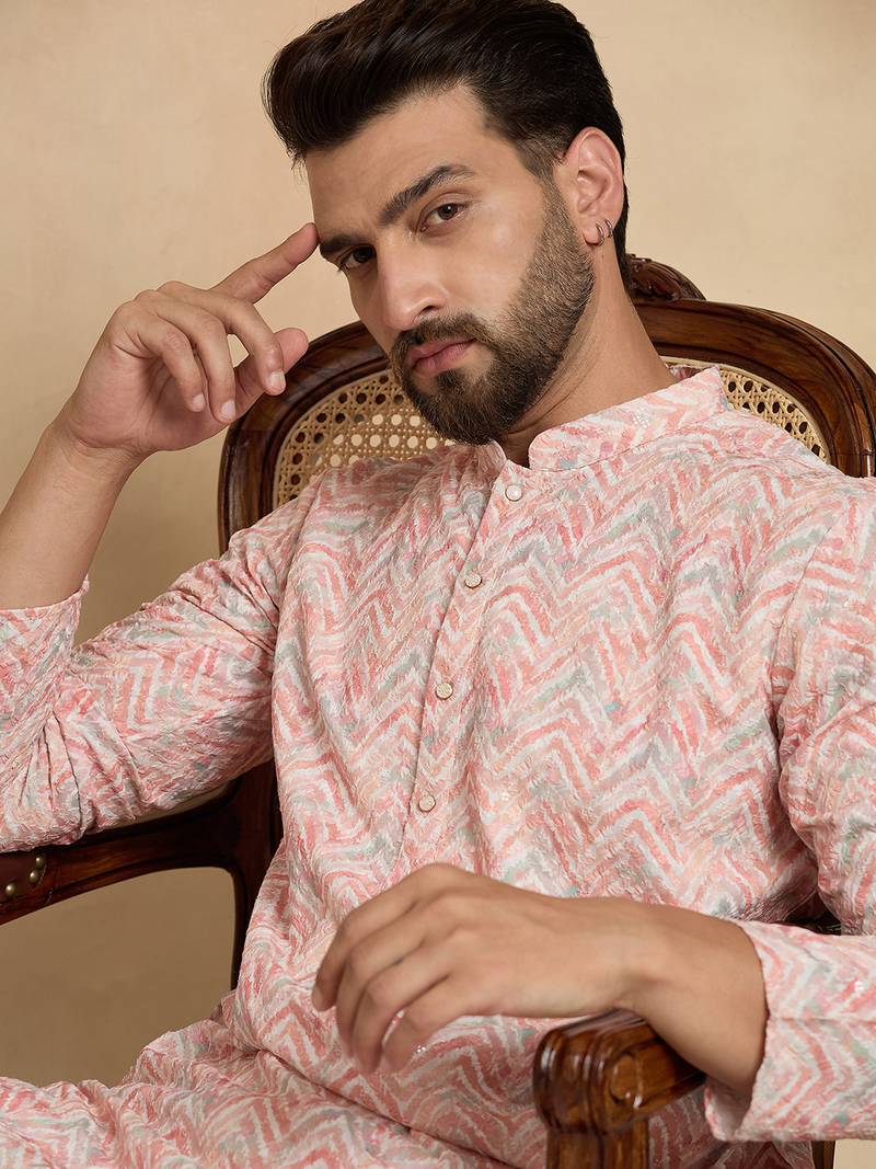 Mens peach cotton blend chevron embroidered kurta with trouser