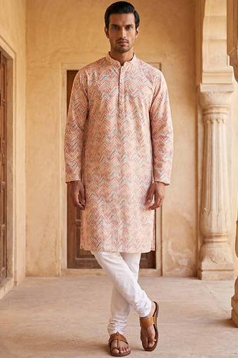Mens peach cotton blend chevron embroidered kurta with trouser
