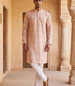 Mens peach cotton blend chevron embroidered kurta with trouser