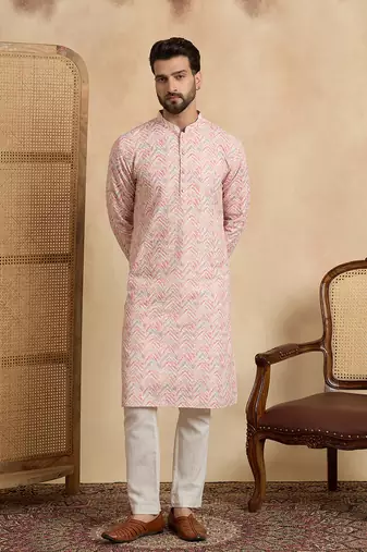 Mens peach cotton blend chevron embroidered kurta with trouser