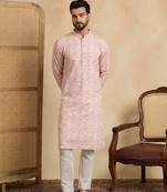 Mens peach cotton blend chevron embroidered kurta with trouser