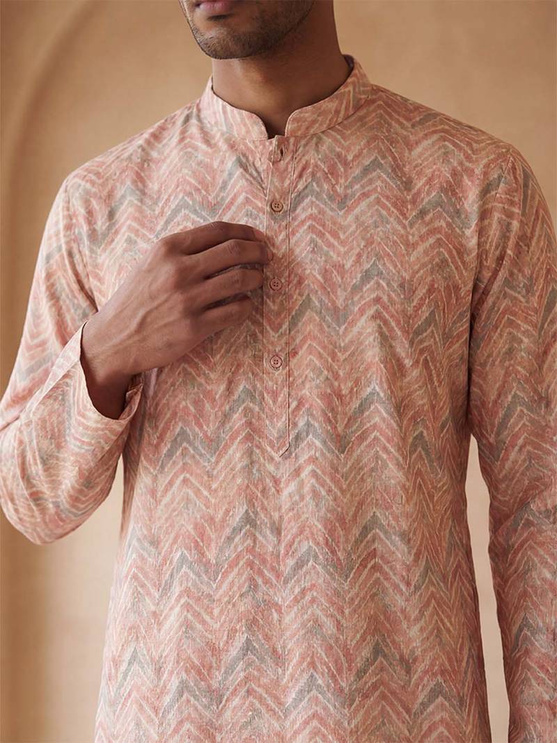 Mens peach cotton blend chevron embroidered kurta with trouser