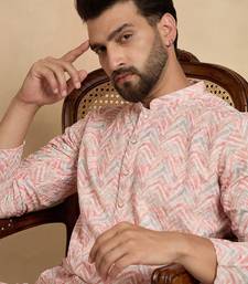 Mens peach cotton blend chevron embroidered kurta