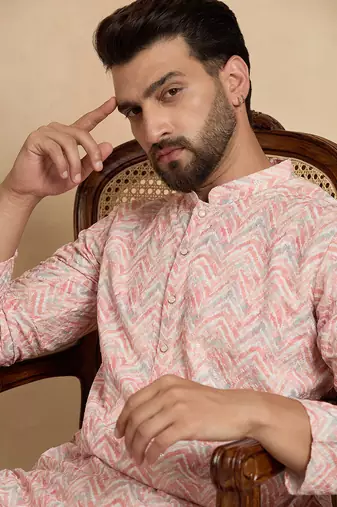 Mens peach cotton blend chevron embroidered kurta