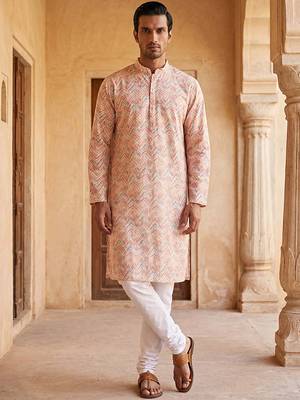 Mens peach cotton blend chevron embroidered kurta 1