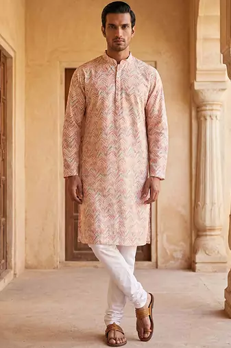 Mens peach cotton blend chevron embroidered kurta