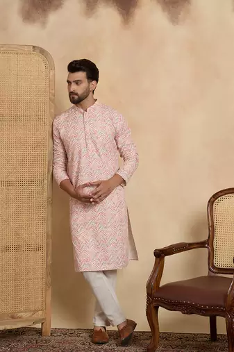 Mens peach cotton blend chevron embroidered kurta with trouser