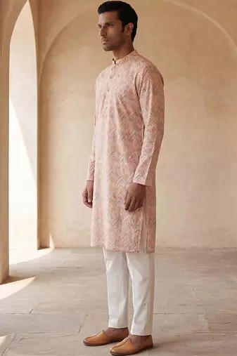 Mens peach cotton blend chevron embroidered kurta with trouser