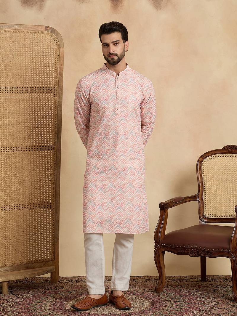 Mens peach cotton blend chevron embroidered kurta