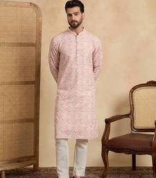 Mens peach cotton blend chevron embroidered kurta