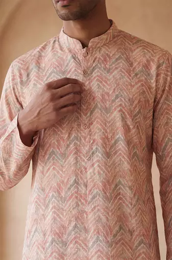 Mens peach cotton blend chevron embroidered kurta