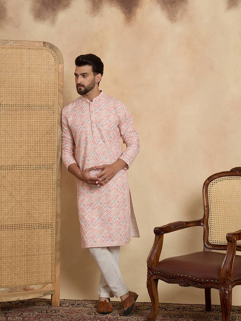 Mens peach cotton blend chevron embroidered kurta
