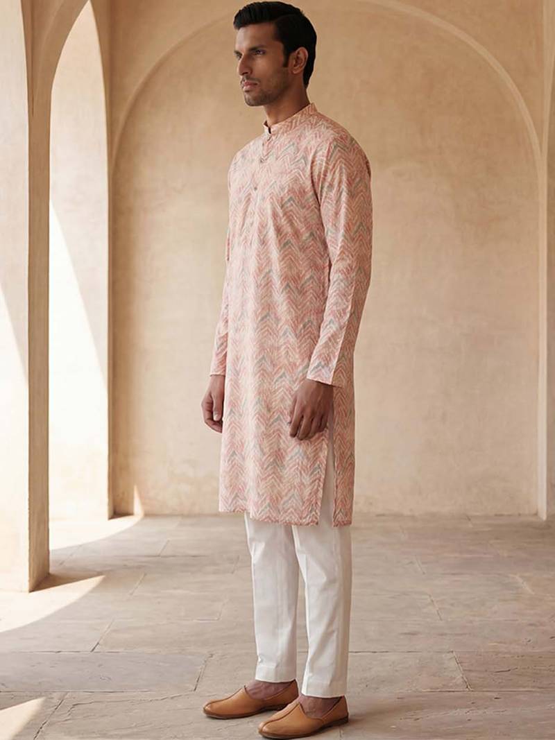 Mens peach cotton blend chevron embroidered kurta