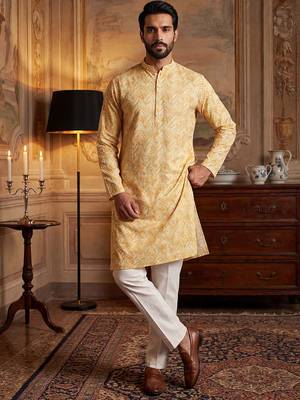 Mens yellow cotton blend chevron embroidered kurta 1
