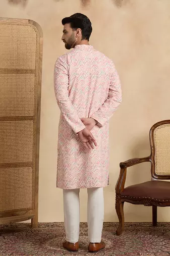 Mens peach cotton blend chevron embroidered kurta