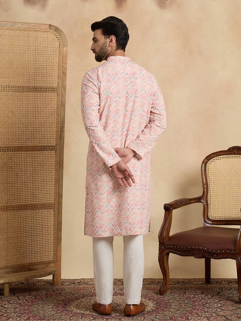 Mens peach cotton blend chevron embroidered kurta