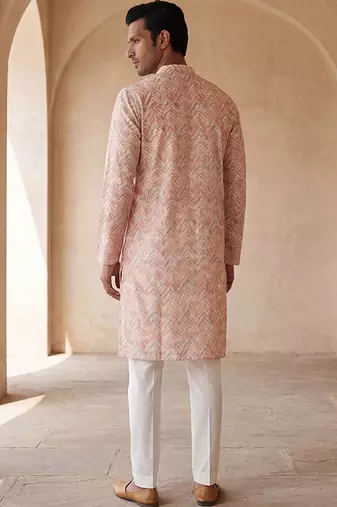 Mens peach cotton blend chevron embroidered kurta